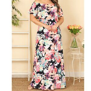 NWOT Black Multi Colour Printed Off shoulder Plus Size Long Maxi Dress Bohemian